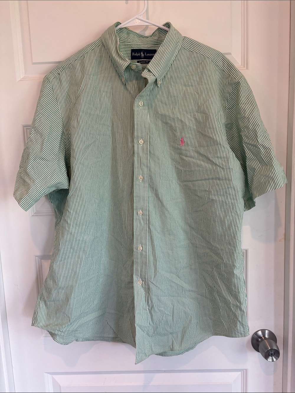 Ralph Lauren Green and White Striped Short-Sleeve Button-Down Shirt